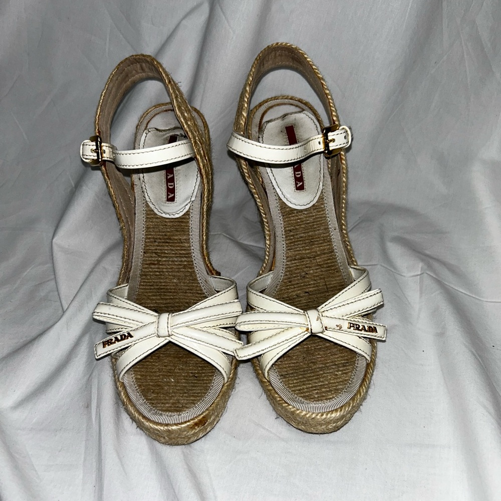 Prada Strappy White Leather with Bows Espadrille Wedges